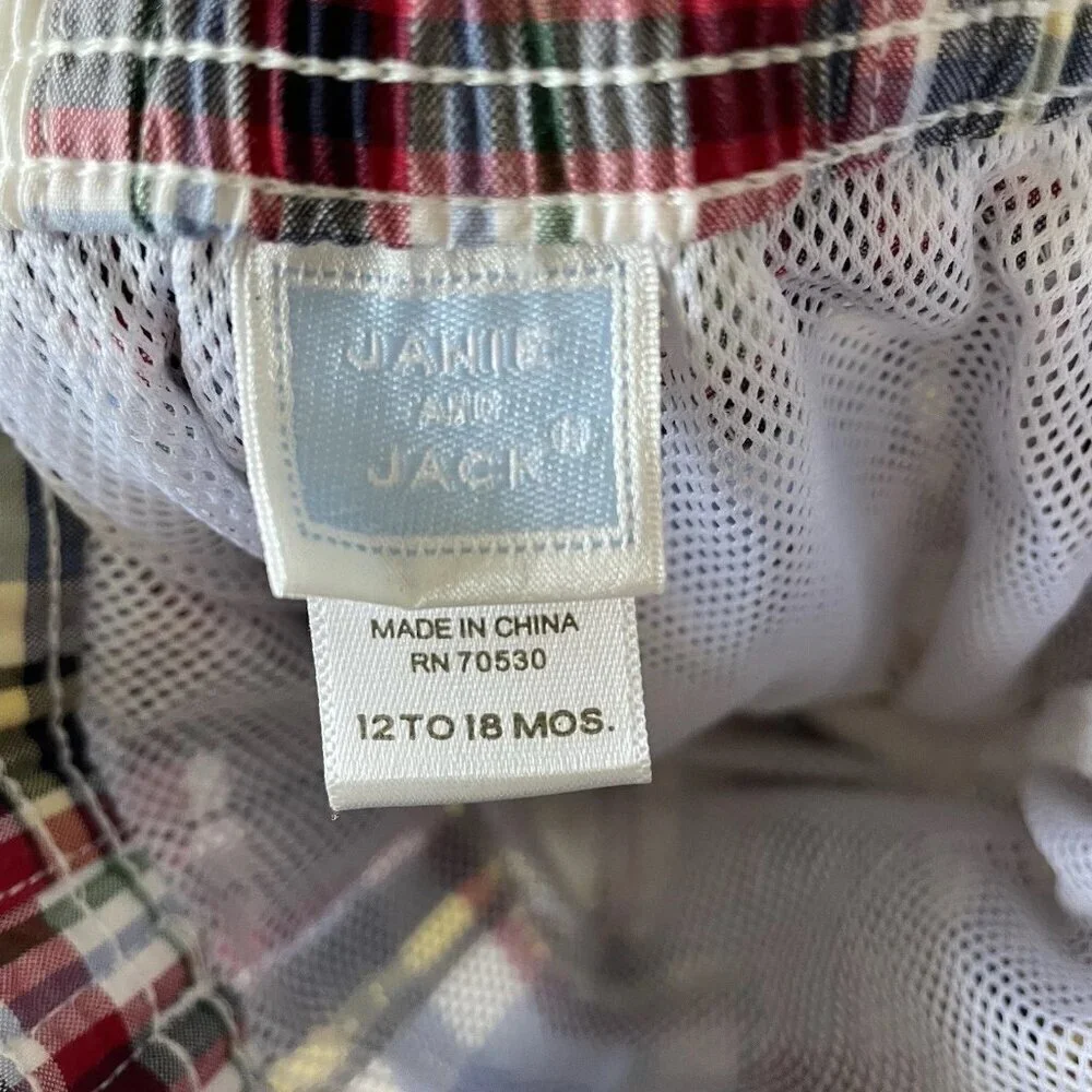 Janie & Jack Blue Plaid Madras Baby Boy's Shorts Bathing Suit 12-18 Months